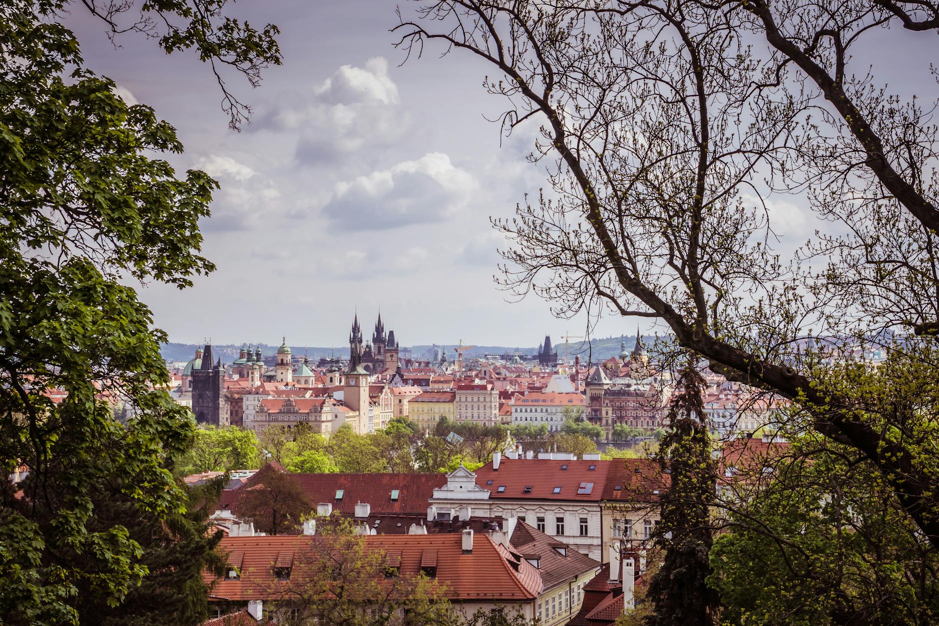 A picturesque aerial view of Prague's historic architecture surrounded by lush trees under a cloudy sky.