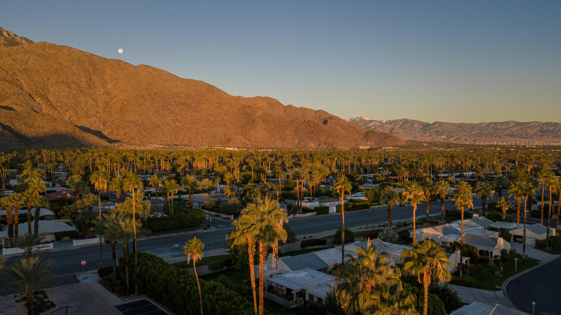 Aerial view of Palm Springs showing palm trees and mountains at sunset.