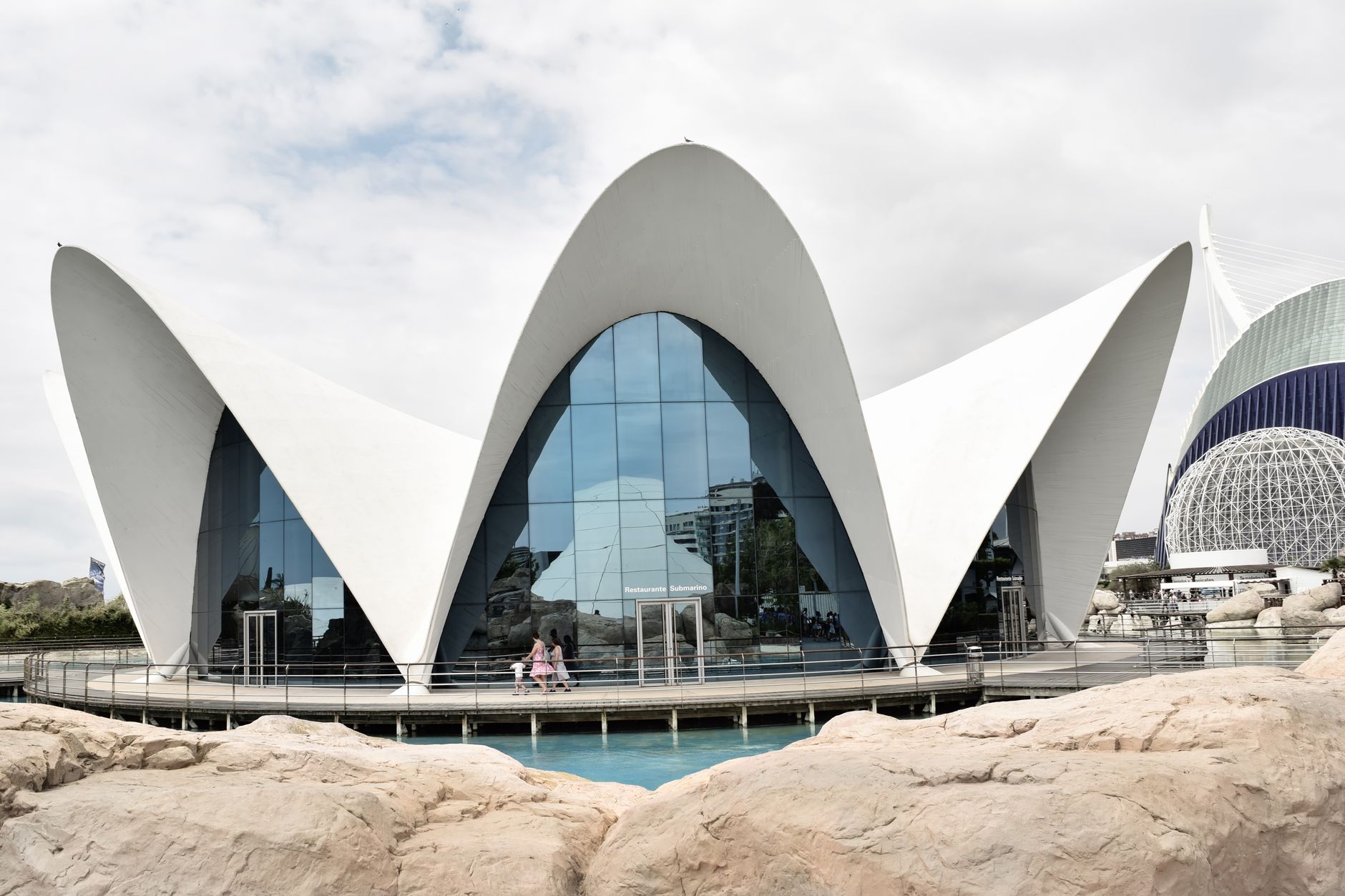 Explore the stunning modern architecture of L'Oceanogràfic, a top travel destination in Valencia.