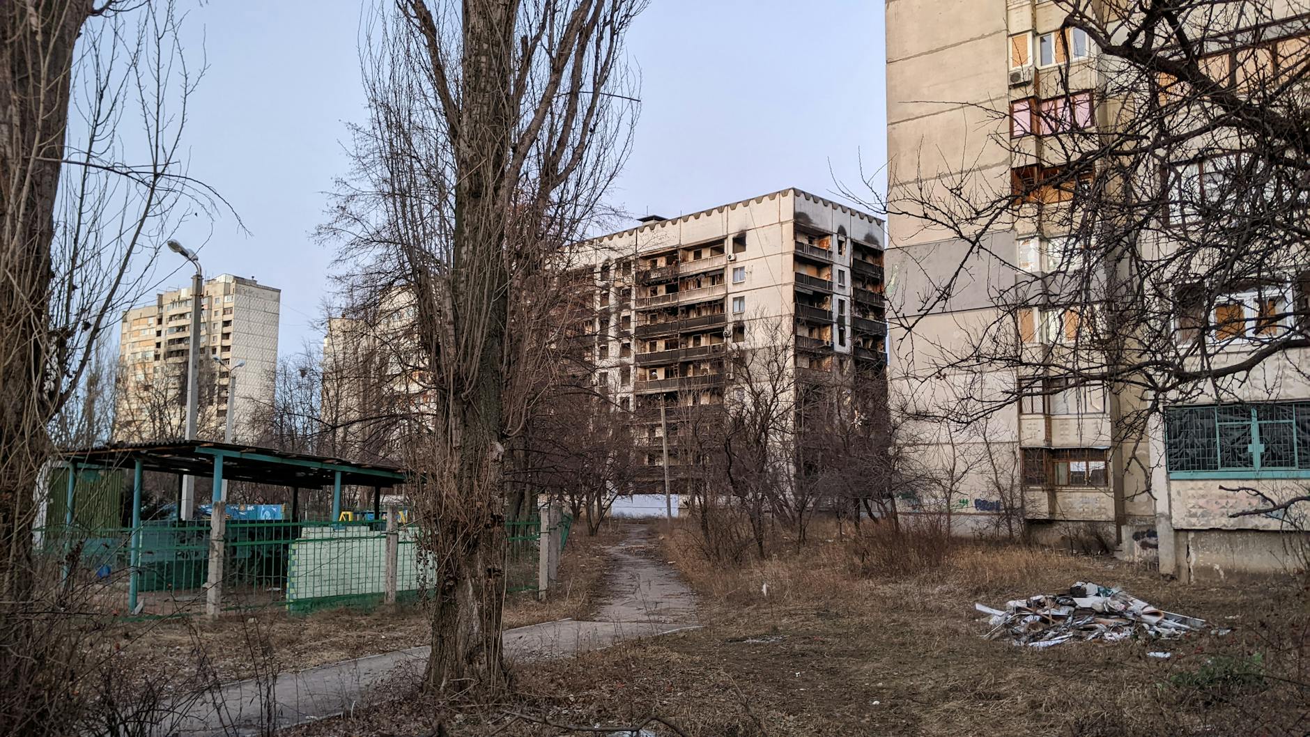 View of deteriorating residential buildings surrounded by bare trees in a city neighborhood.